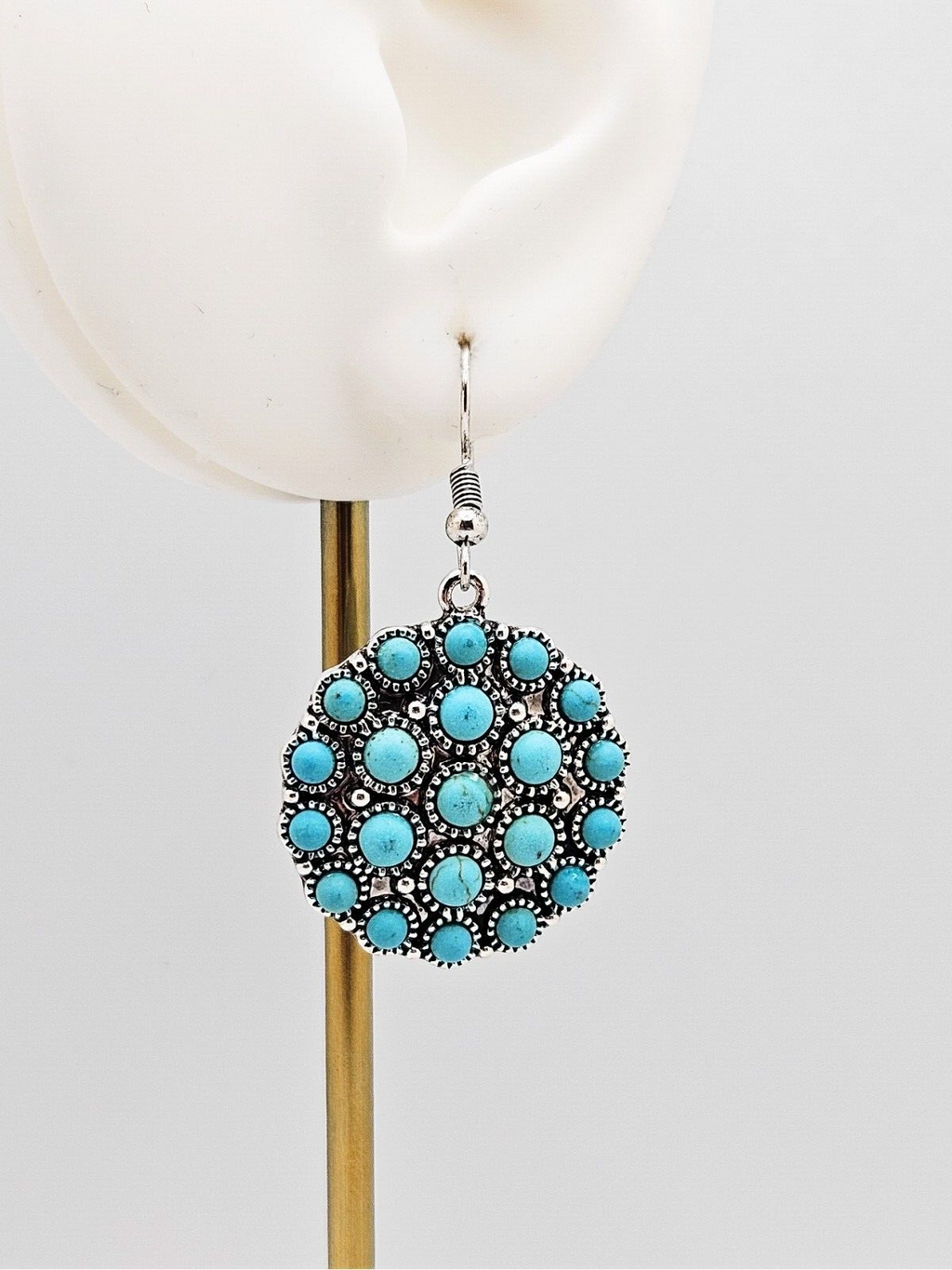 Silver Plated Vintage Turquoise Concho Drop Earrings, Unique Jewelry for Women4
