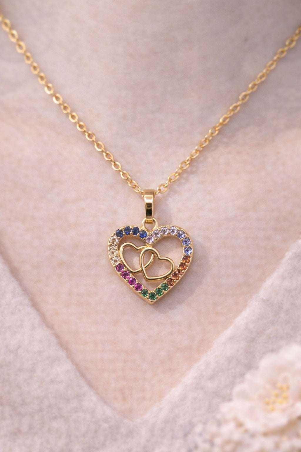 18K Gold Plated Heart Jewelry Set Multi- Color CZ Necklace & Earrings2