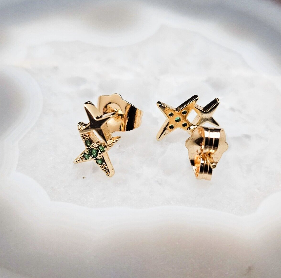 18K Gold Plated Star Stud Earrings, Double Star Earrings, Emerald Stud Earrings1