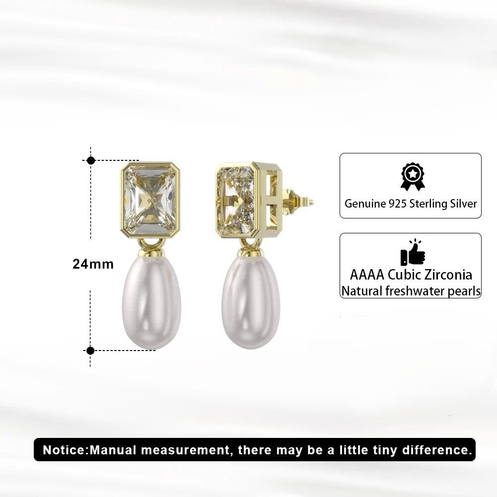 14K Gold Plated Sparkle Baguette Cubic Zirconia w/Freshwater Pearl Drop Earrings3