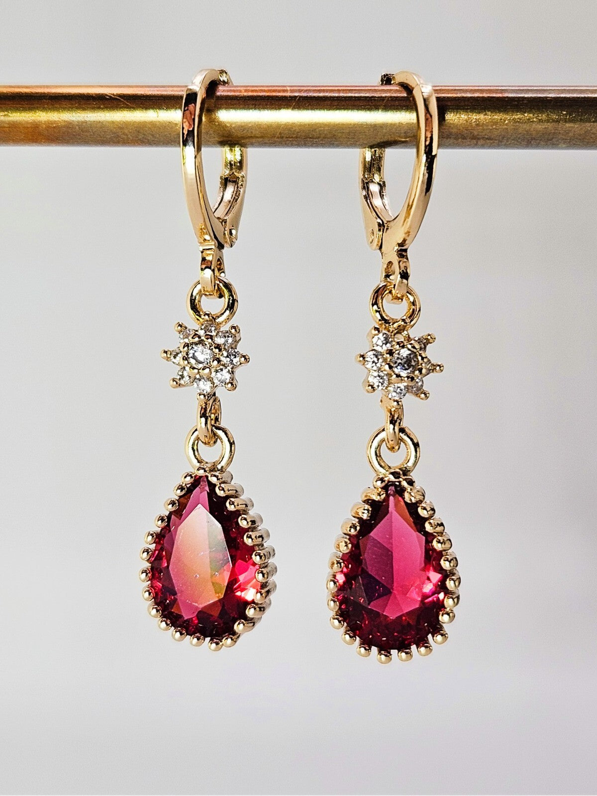 Huggie Drop Earrings 18K Gold with Red Ruby Cubic Zirconia0