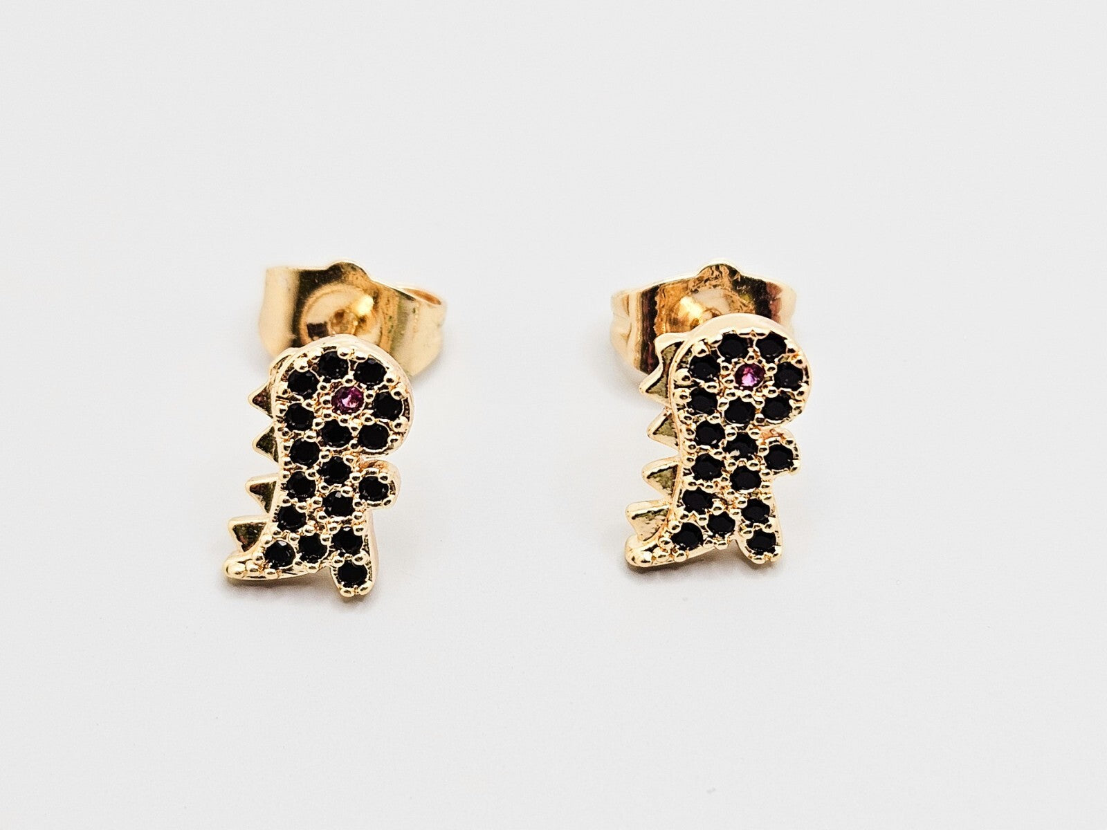 18K Gold with Black Cubic Zirconia Dinosaur Stud Earrings for All Ages0