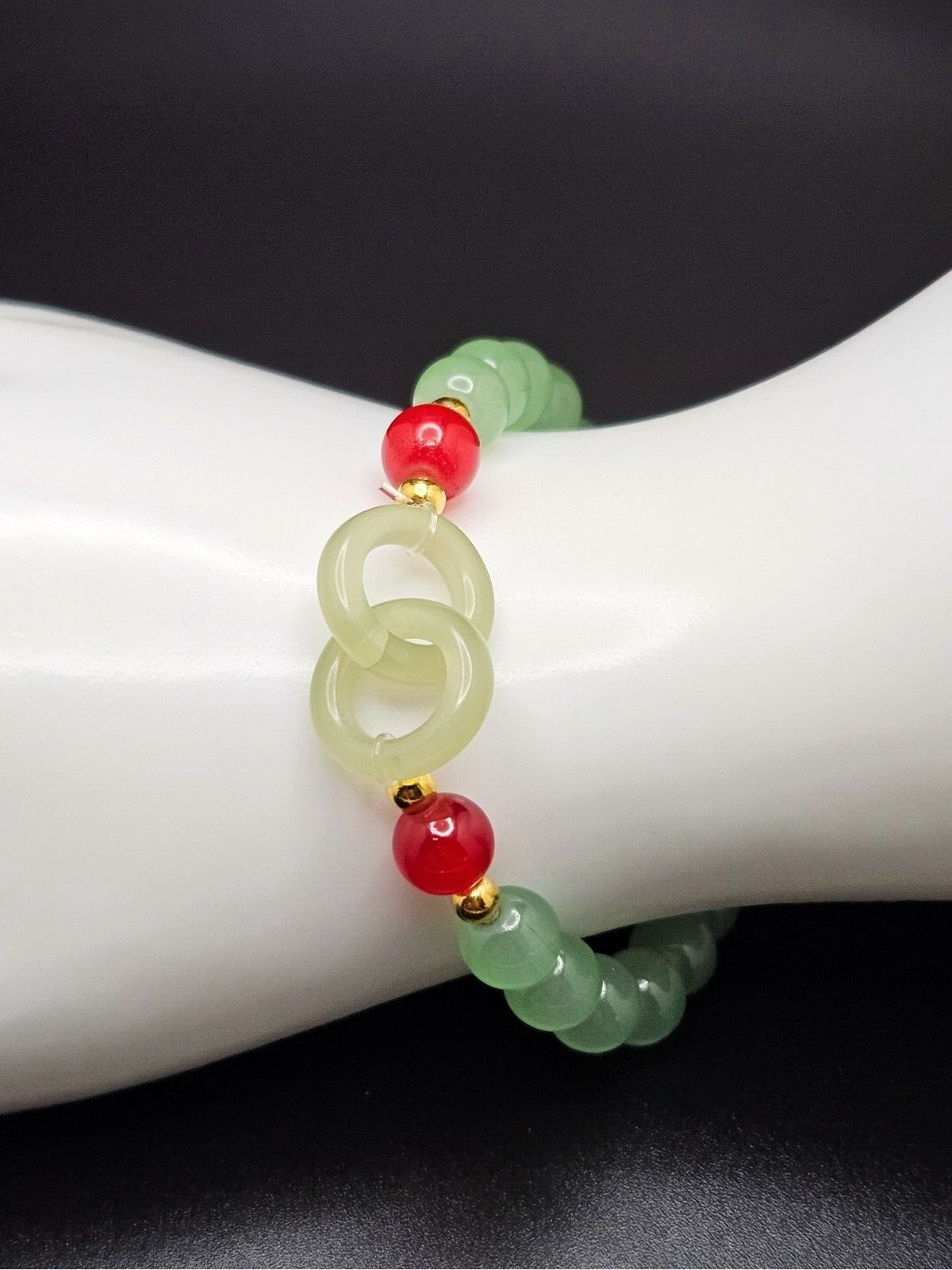 Crystal Jade Beaded Bracelet, Interlocking Circle Beads with Red Accents Charms2