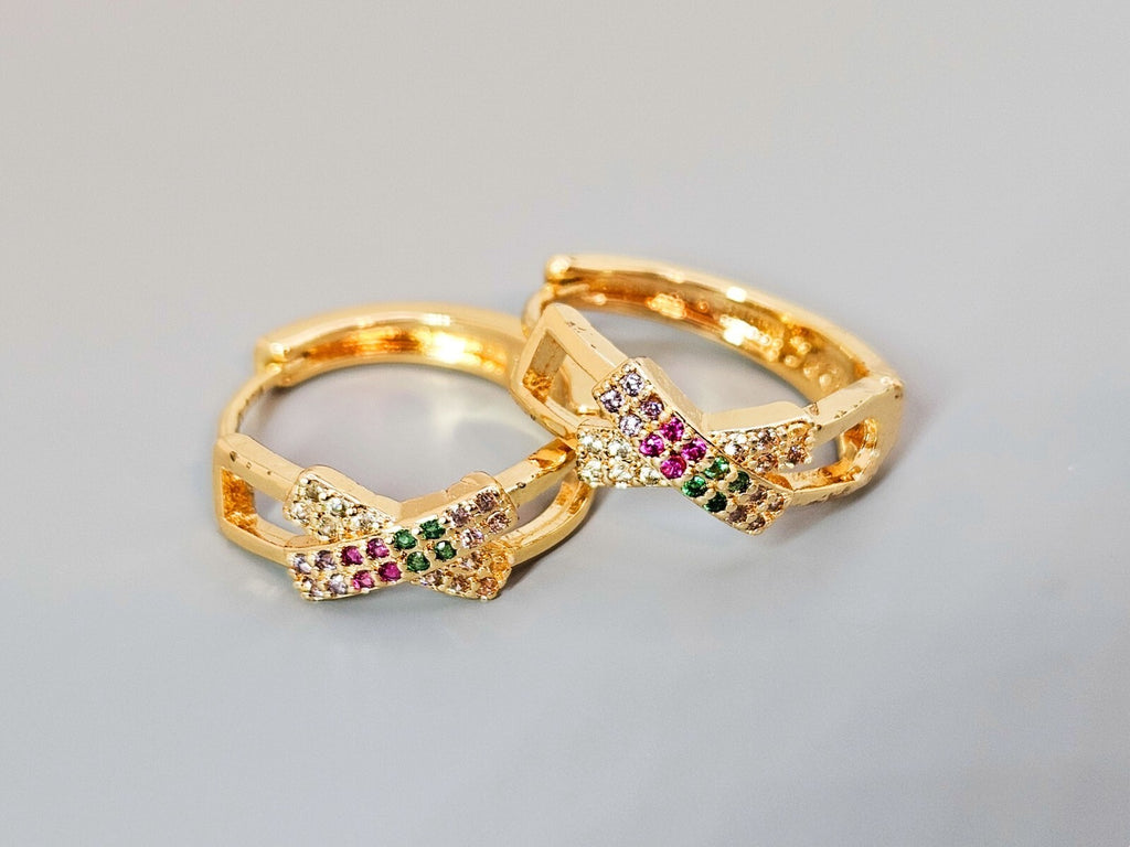 18K Gold Plated Ribbon Design Hoop Earrings, Multi-Color Cubic Zirconia Hoops2