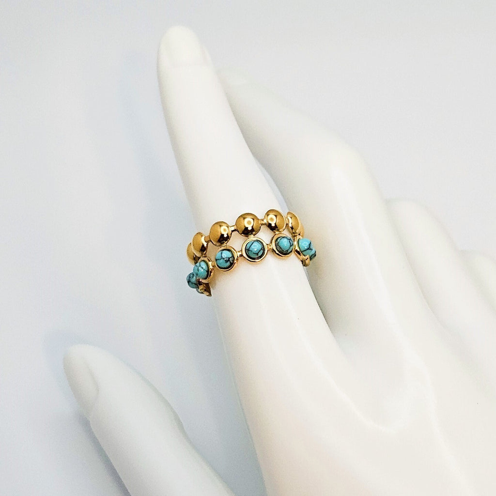 18K Gold Plated Double Layer Turquoise Open Adjustable Ring, Stainless Steel.3