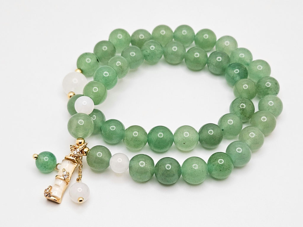 Double Wrap Green Aventurine Natural Stone Beaded Bracelet with Bamboo Charms2