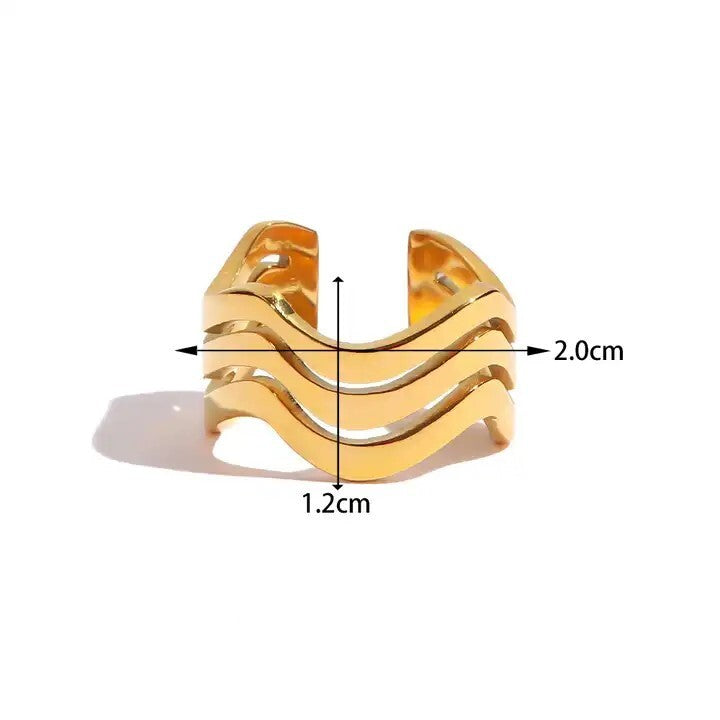 18K Gold Plated Chunky Three Layer Wave Open Ring, Stainless Steel Jewelry8