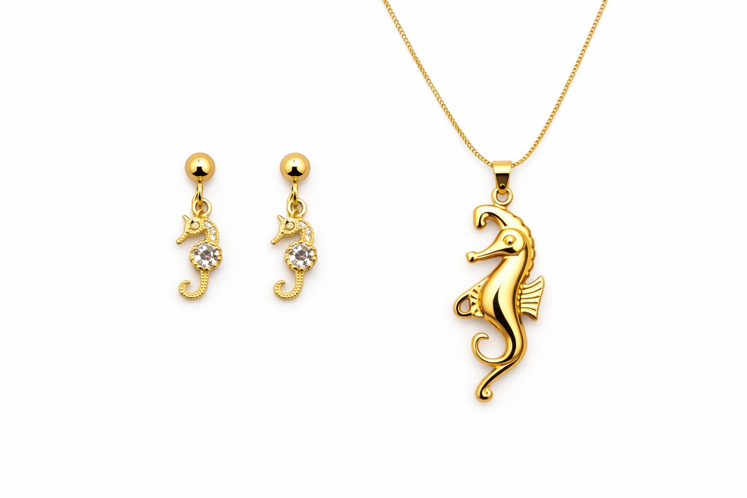 18K Gold Plated Seahorse CZ Necklace & Earrings Set Ocean Jewelry Gift for Her0