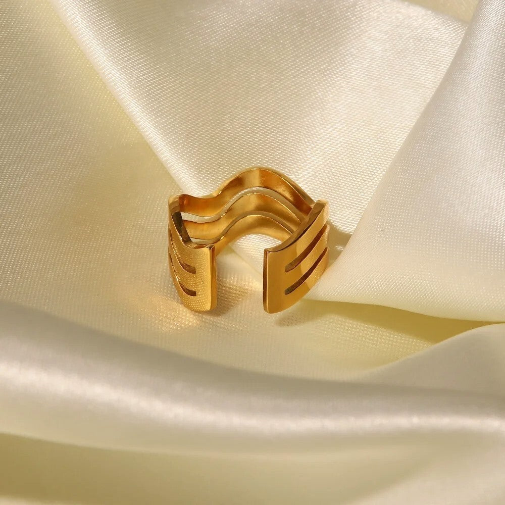18K Gold Plated Chunky Three Layer Wave Open Ring, Stainless Steel Jewelry4