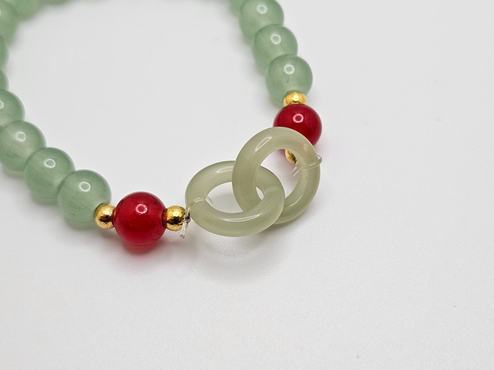 Crystal Jade Beaded Bracelet, Interlocking Circle Beads with Red Accents Charms1