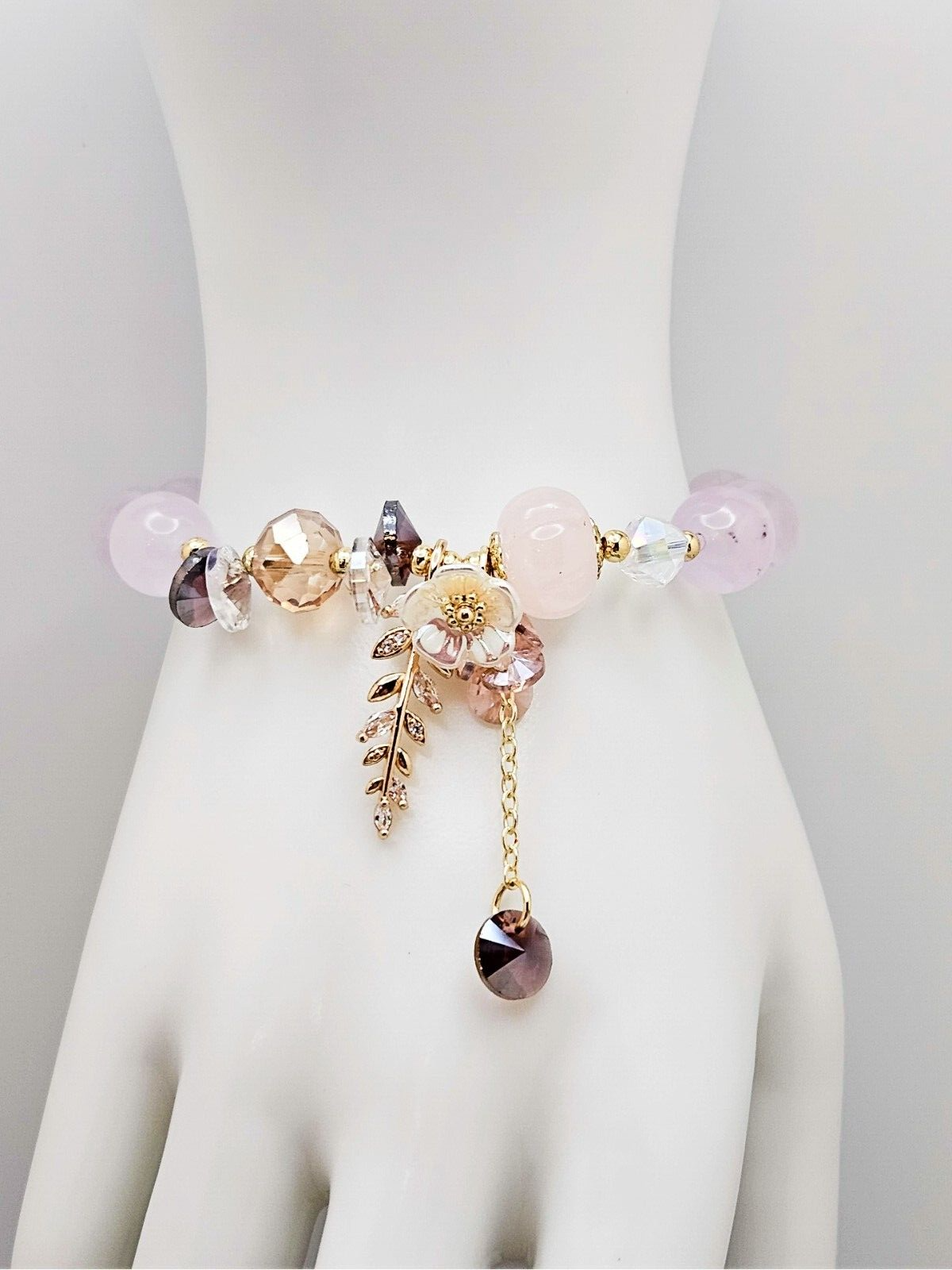 Color Stone Flower Leaf Pendant Crystal Bracelet, Cute Beads for Women & Girls4