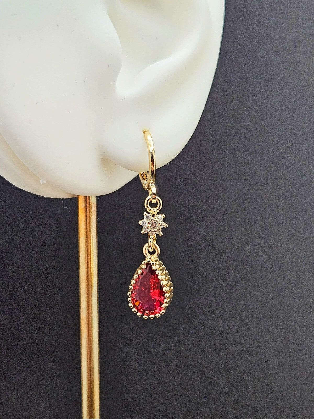 Huggie Drop Earrings 18K Gold with Red Ruby Cubic Zirconia3