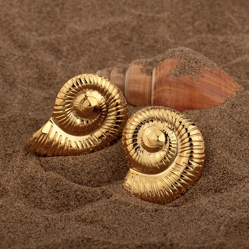 18K Gold Plated Spiral Design Conch Stud Earrings – Textured Stainless Steel3