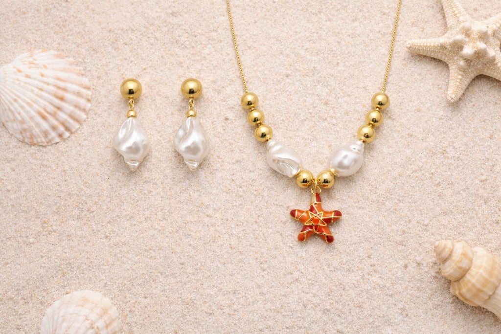 18K Gold Plated Coral Starfish Pearl Necklace &Earrings Set Adjustable 18”4