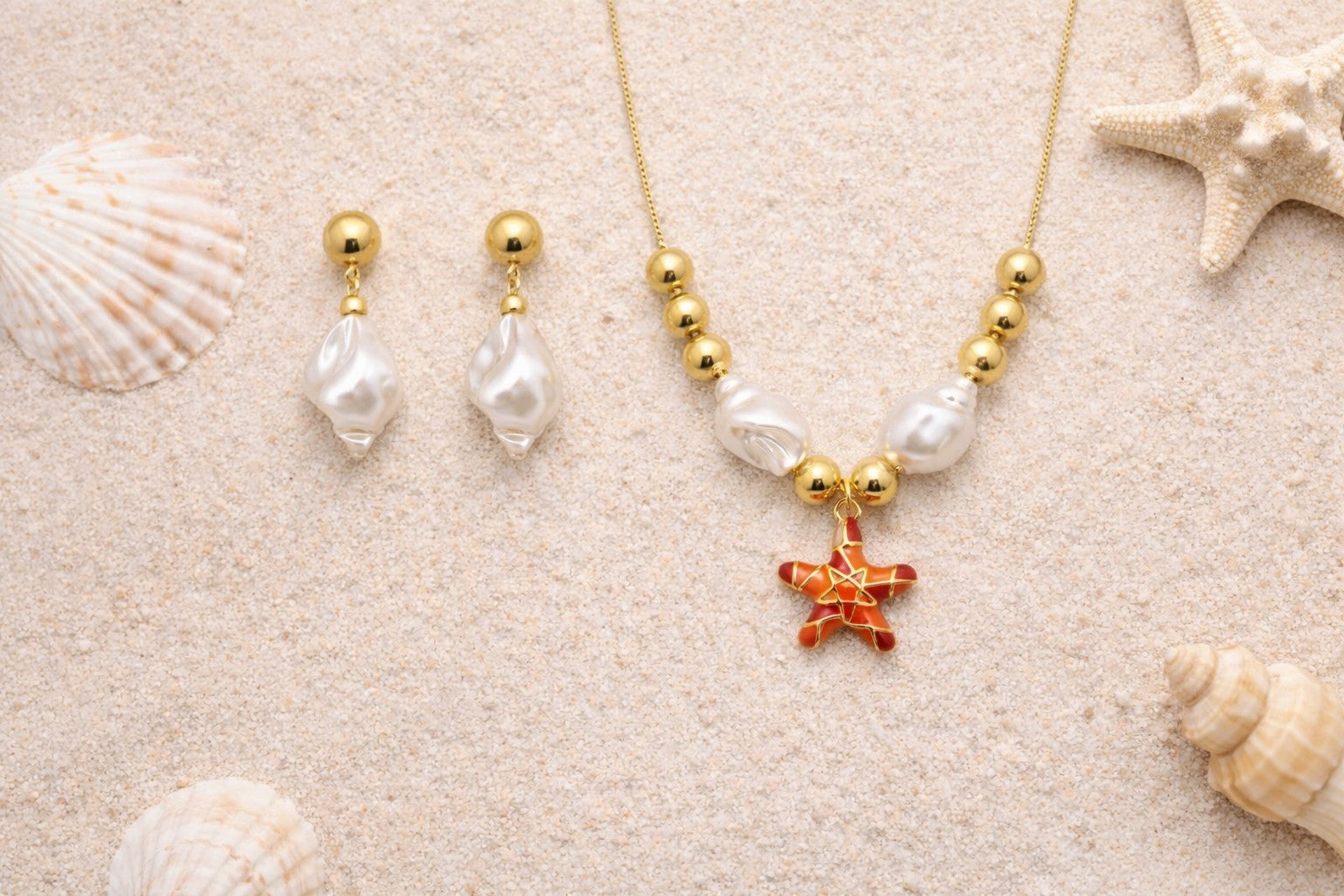 18K Gold Plated Coral Starfish Pearl Necklace &Earrings Set Adjustable 18”4