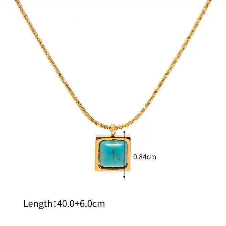 18K Gold Plated Square Shaped Turquoise Stone Pendant, Statement Necklace6
