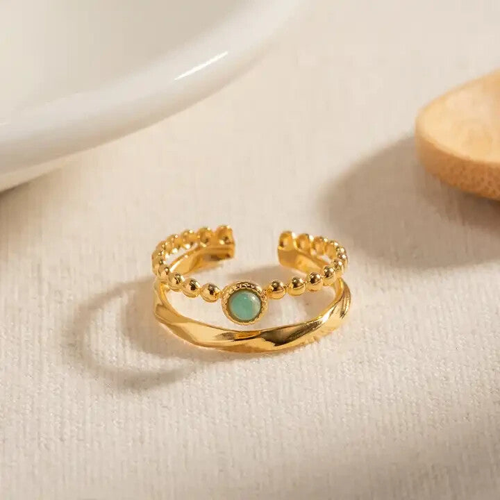 18K Gold Plated Adjustable Open Double Layer Amazonite Ring for Women0