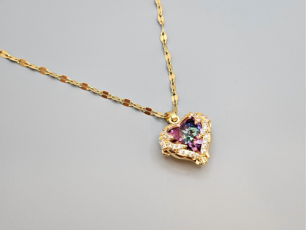 18K Gold Plated Stainless Steel Colorful Heart Crystal For women Girls0