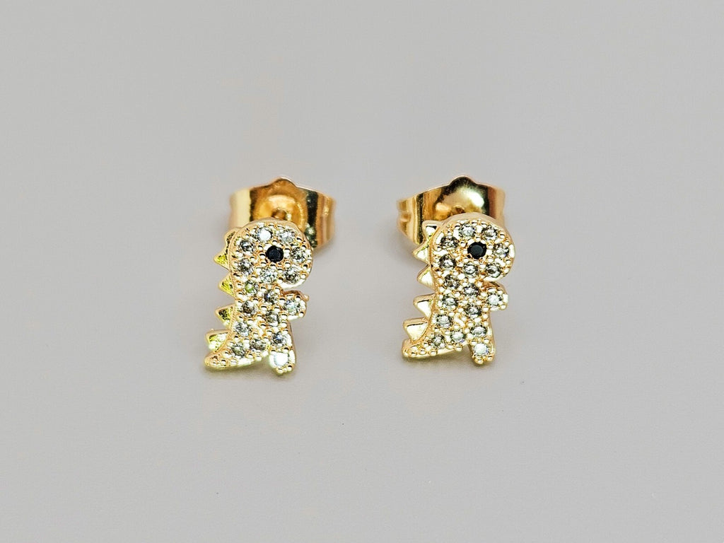 18K Gold with White Clear Cubic Zirconia Dinosaur Stud Earrings  for All Ages0