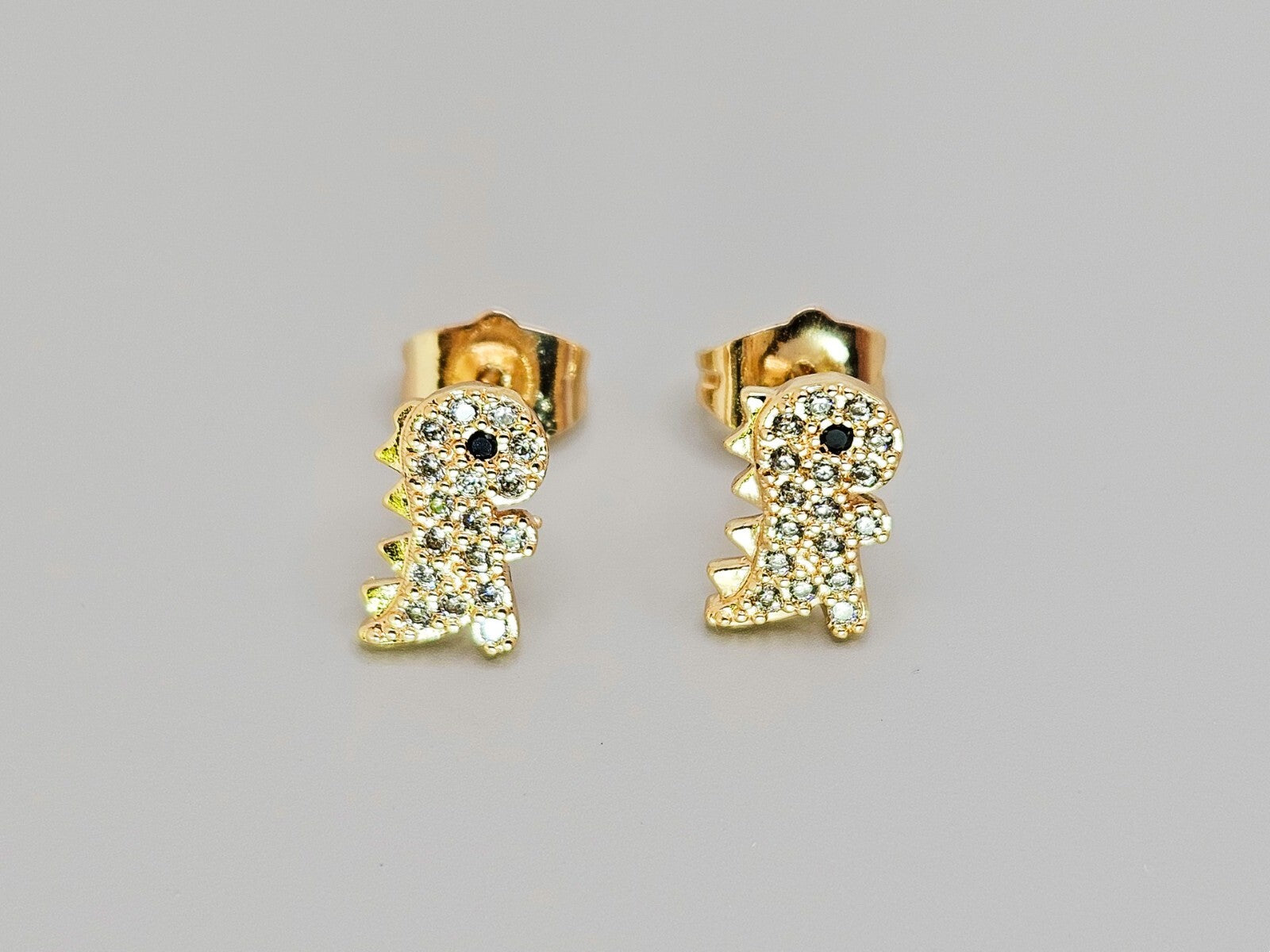 18K Gold with White Clear Cubic Zirconia Dinosaur Stud Earrings  for All Ages0