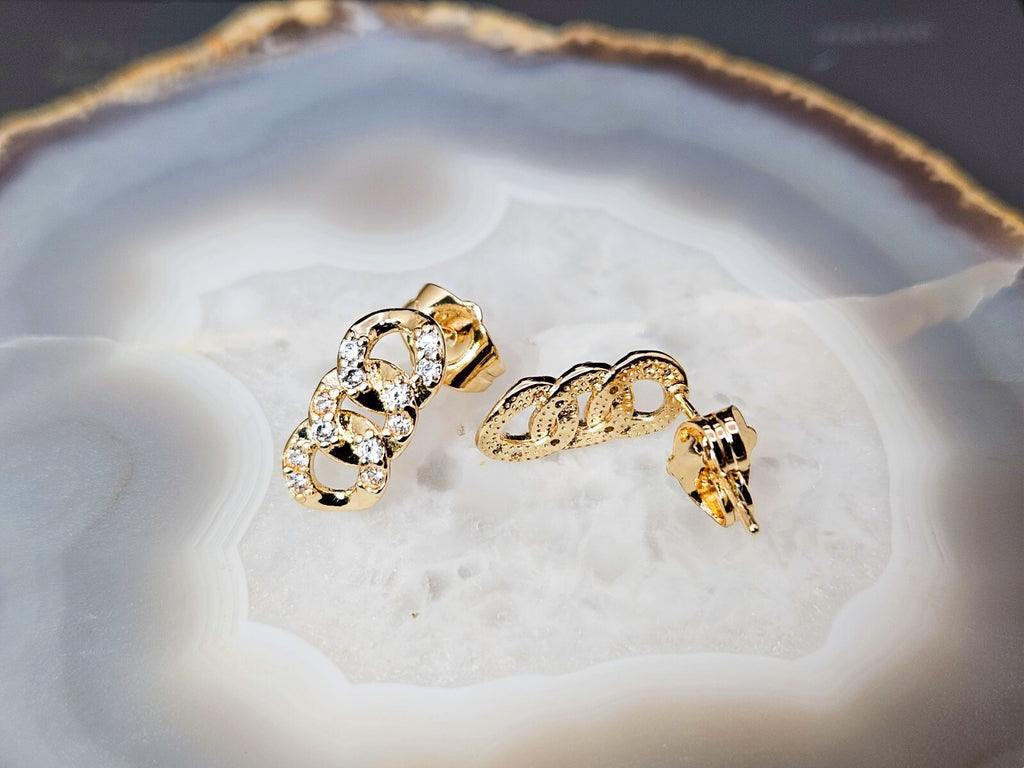 18K Gold Plated Brass Link Stud Earrings, Cubic Zirconia Studs, Gift for her1