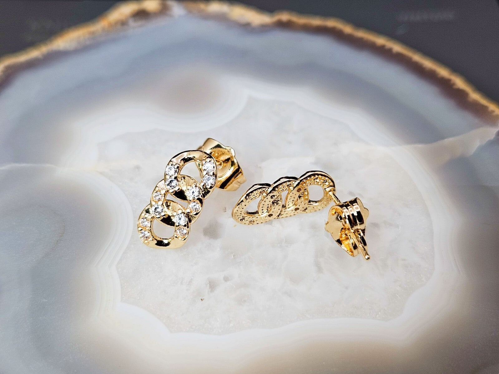 18K Gold Plated Brass Link Stud Earrings, Cubic Zirconia Studs, Gift for her1