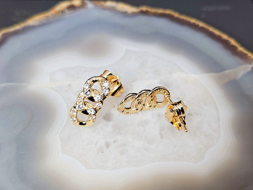 18K Gold Plated Brass Link Stud Earrings, Cubic Zirconia Studs, Gift for her1