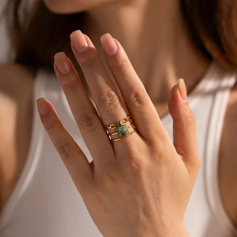 18K Gold Plated Stainless Steel Open Ring Green Marble Stone Adjustable 0