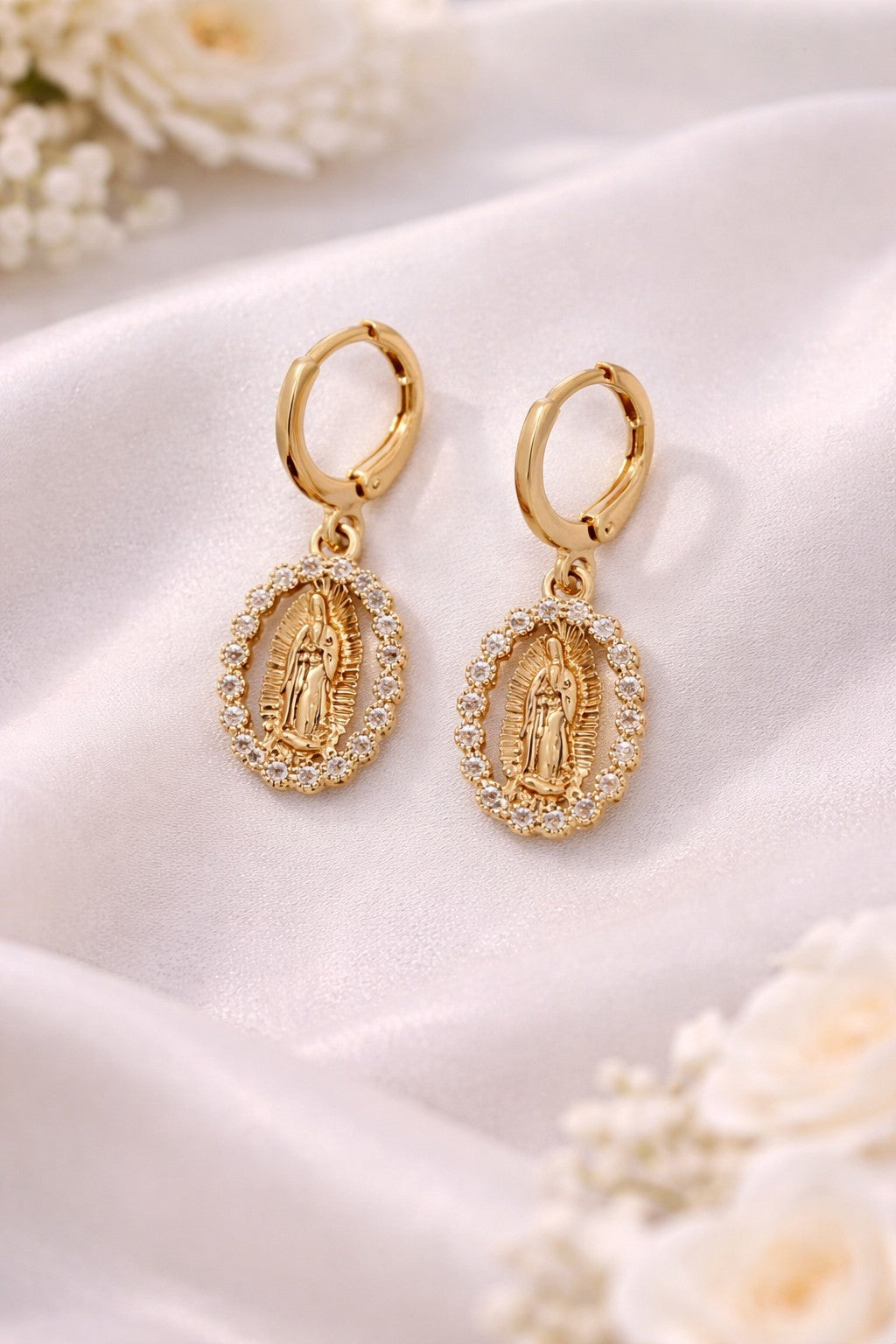 18K Gold Plated Virgin Mary CZ Necklace & Earrings Jewelry Set Oval Pendant1
