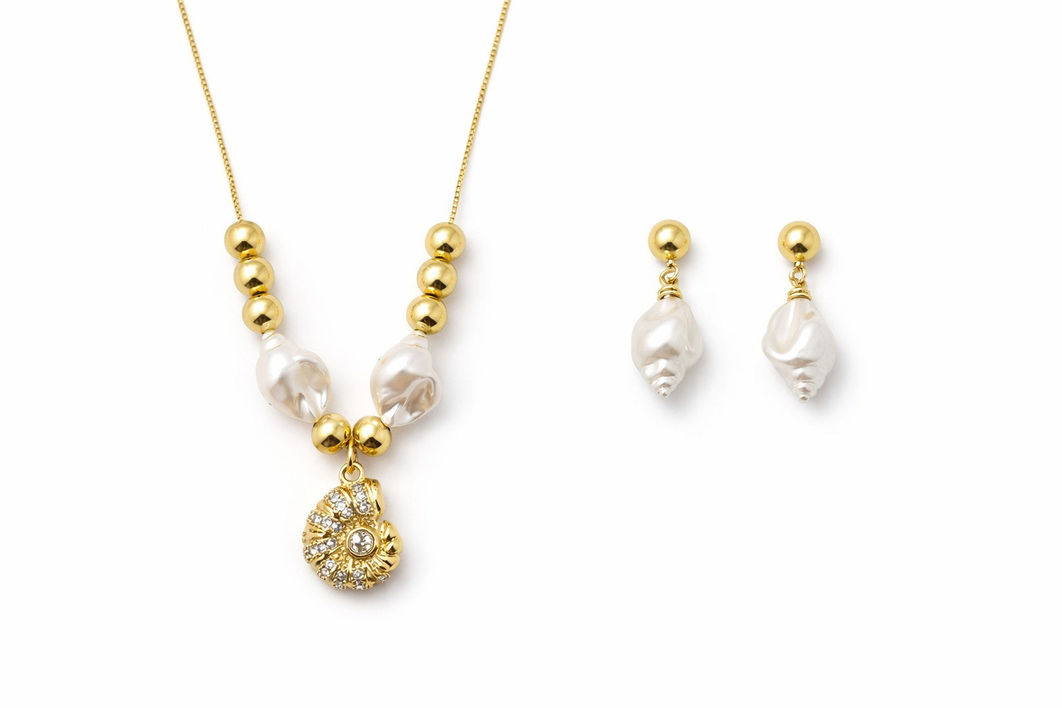 18K Gold Plated Necklace & Earrings Set Faux Pearl Shell Pendant CZ Jewelry0