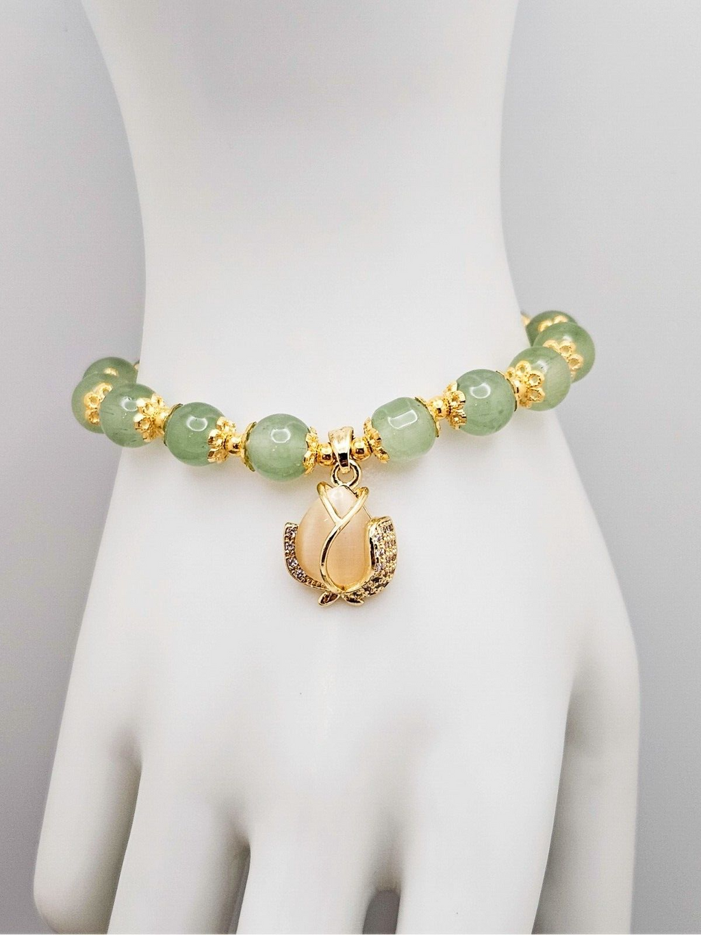 18K Gold Plated Jade Beaded Bracelet with flower charms, Gift for Women3