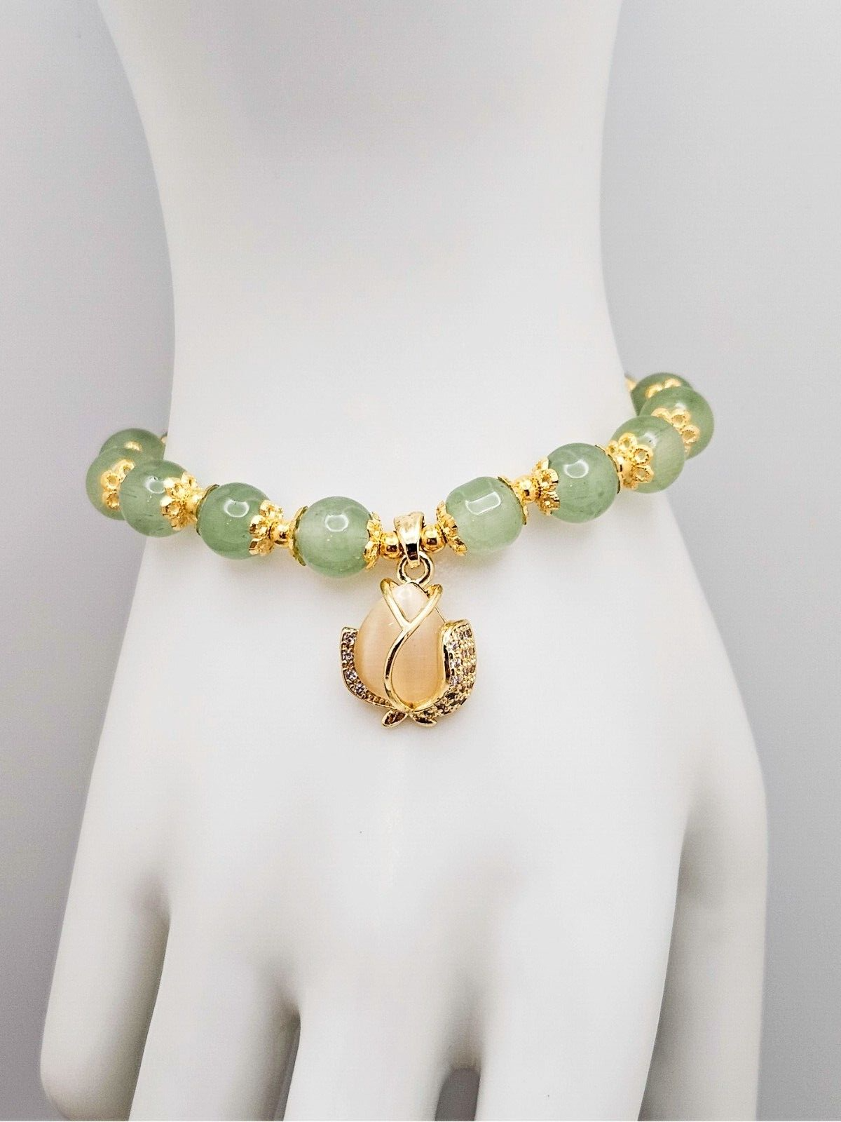 18K Gold Plated Jade Beaded Bracelet with flower charms, Gift for Women3