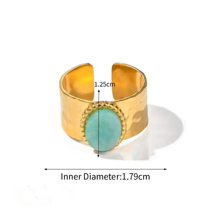 18K Gold Plated Amazonite Stone Wide Ring, Stainless Steel Jewelry for Women6