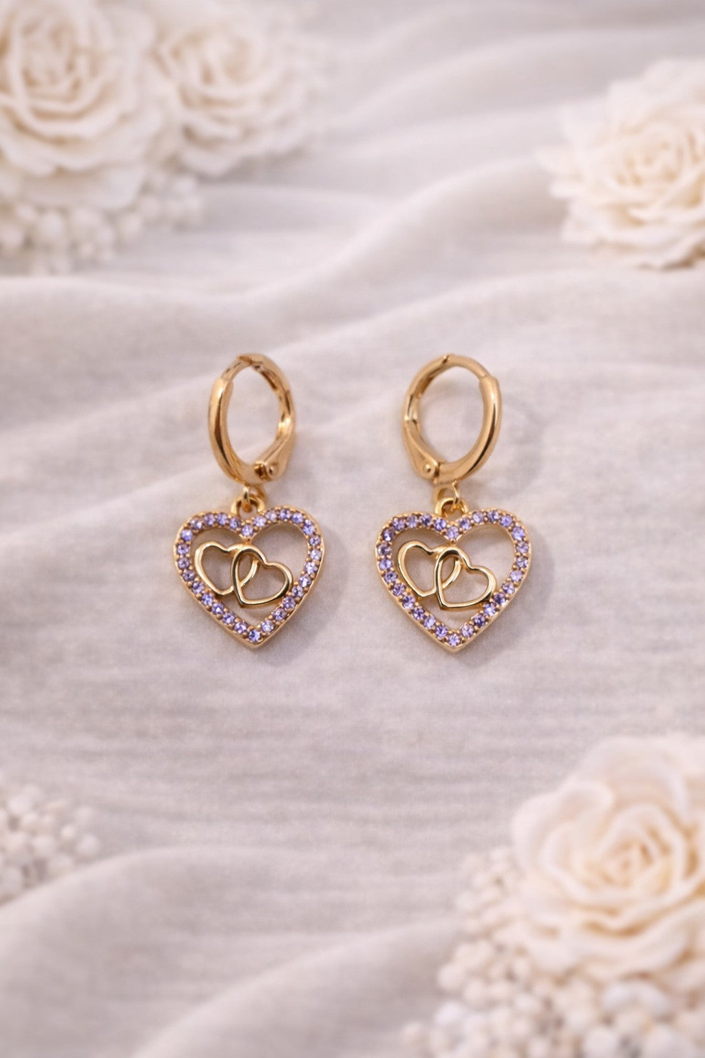 18K Gold Plated Heart Jewelry Set Amethyst CZ Necklace & Earrings1