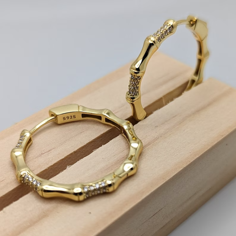 18K Gold Plated Sterling Silver Bamboo Hoop Earrings Clear CZ Elegant Gift2