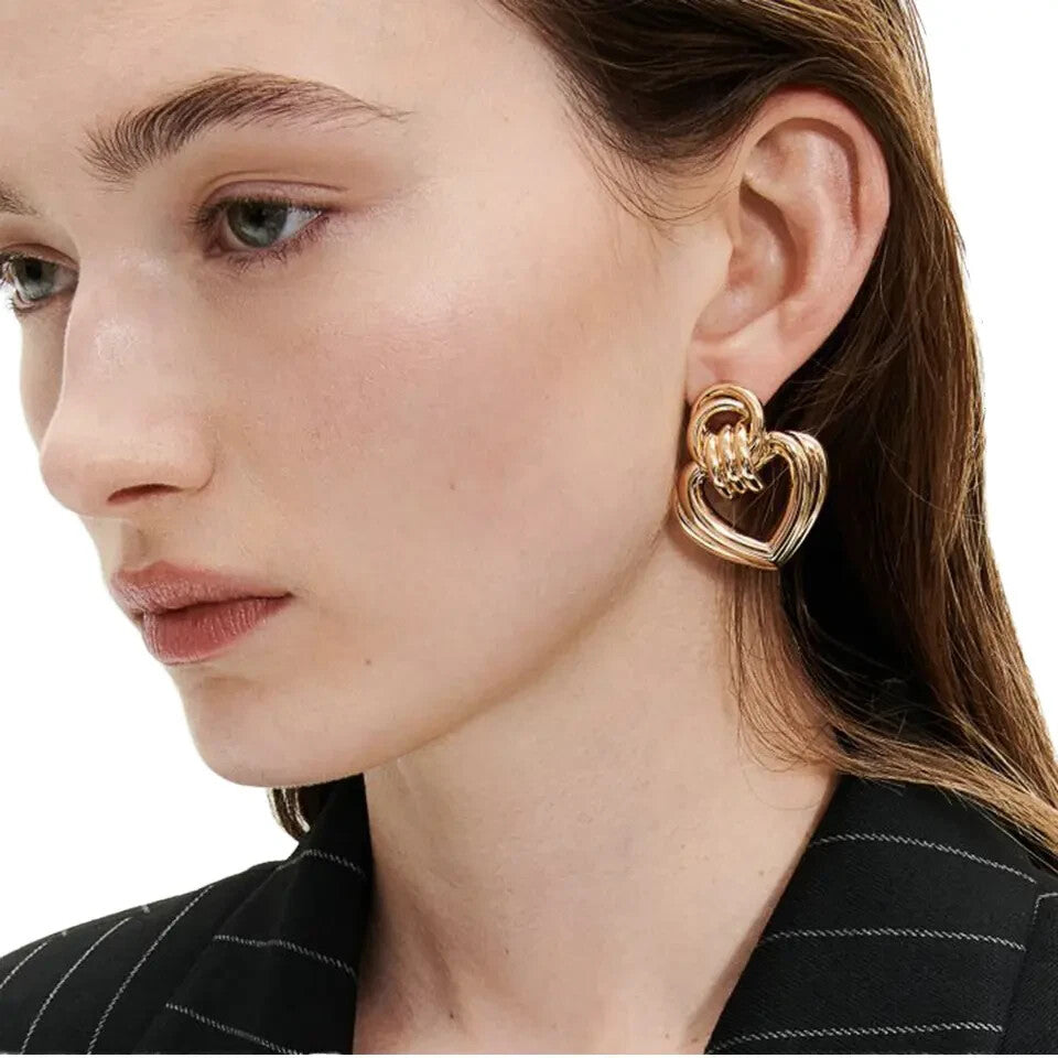 18k Gold Plated Stainless Steel Ribbed Heart-shaped Stud Earrings for Women2