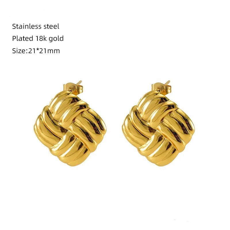 18K Gold Plated Square Stud Earrings Women Bold Woven Vintage Look 21mm8