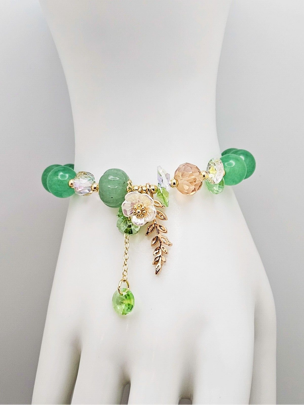 Color Stone Flower Leaf Pendant Crystal Bracelet, Cute Beads for Women & Girls4