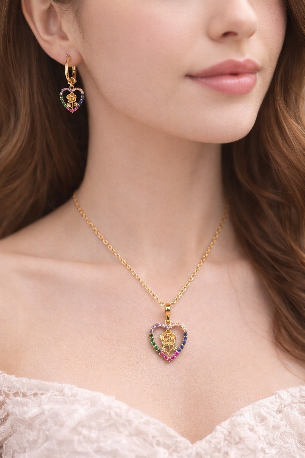 18K Gold Plated Heart Jewelry Set Multicolor Rose Necklace Earrings1
