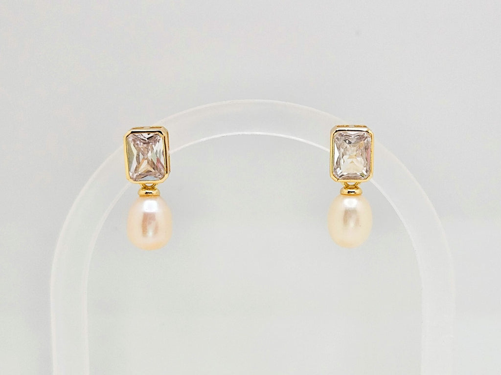 14K Gold Plated Sparkle Baguette Cubic Zirconia w/Freshwater Pearl Drop Earrings1