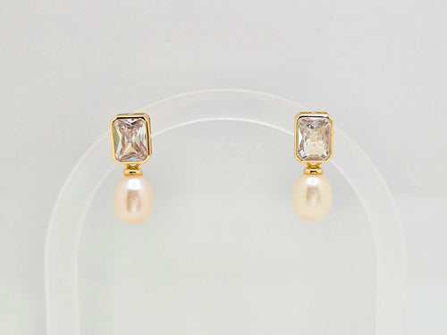 14K Gold Plated Sparkle Baguette Cubic Zirconia w/Freshwater Pearl Drop Earrings1