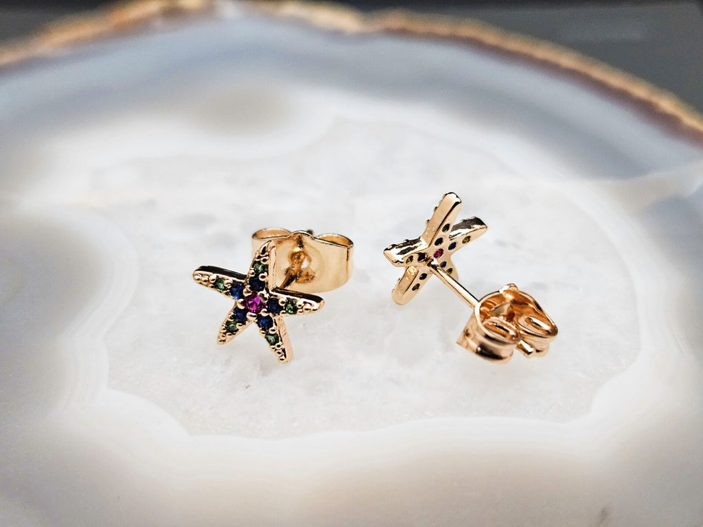 Starfish Stud Earrings, 18K Gold Plated Brass Studs, Multi-Color Stud Earrings1