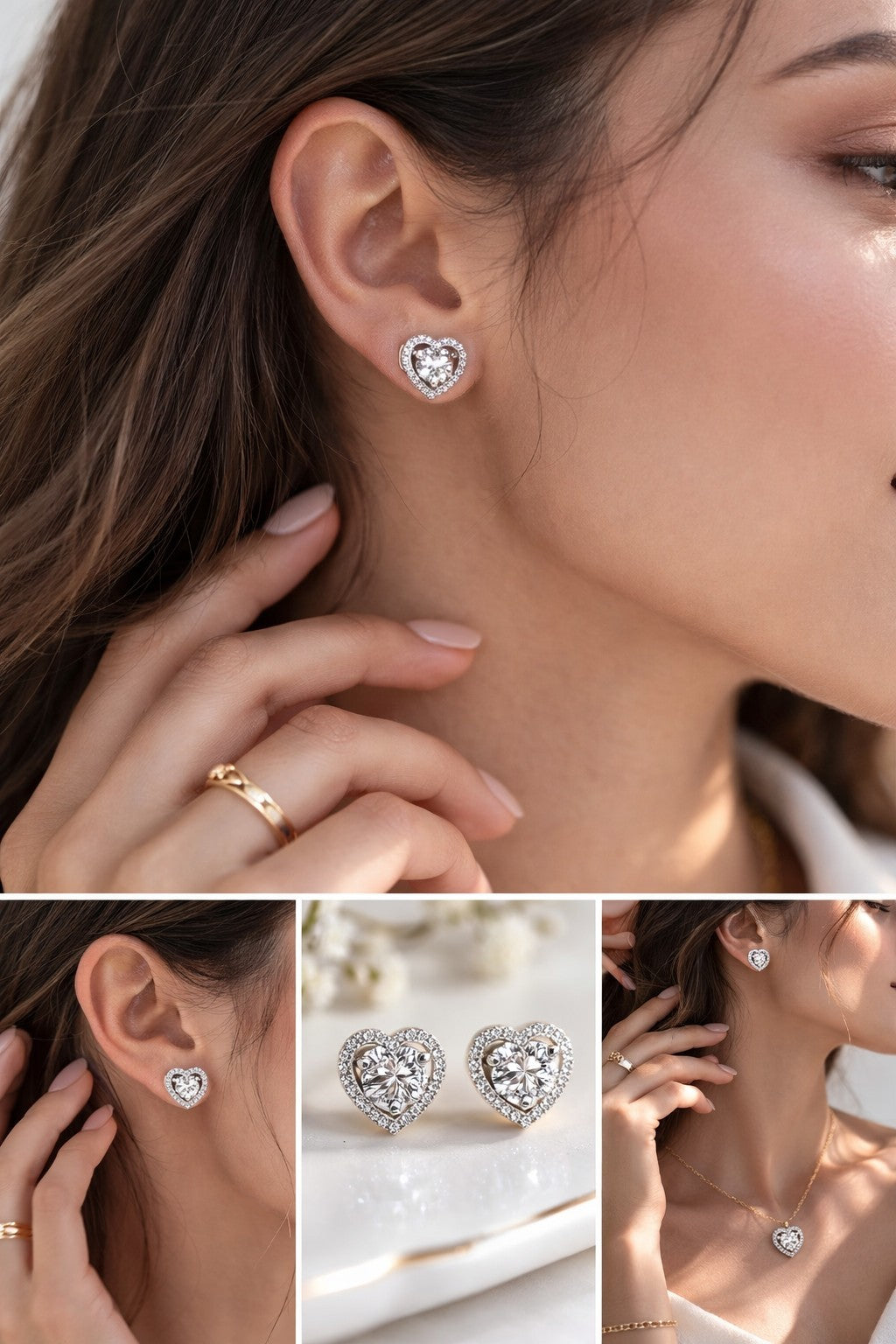 18k White Gold Plating Silver Sterling Moissanite Heart Stud Earrings0