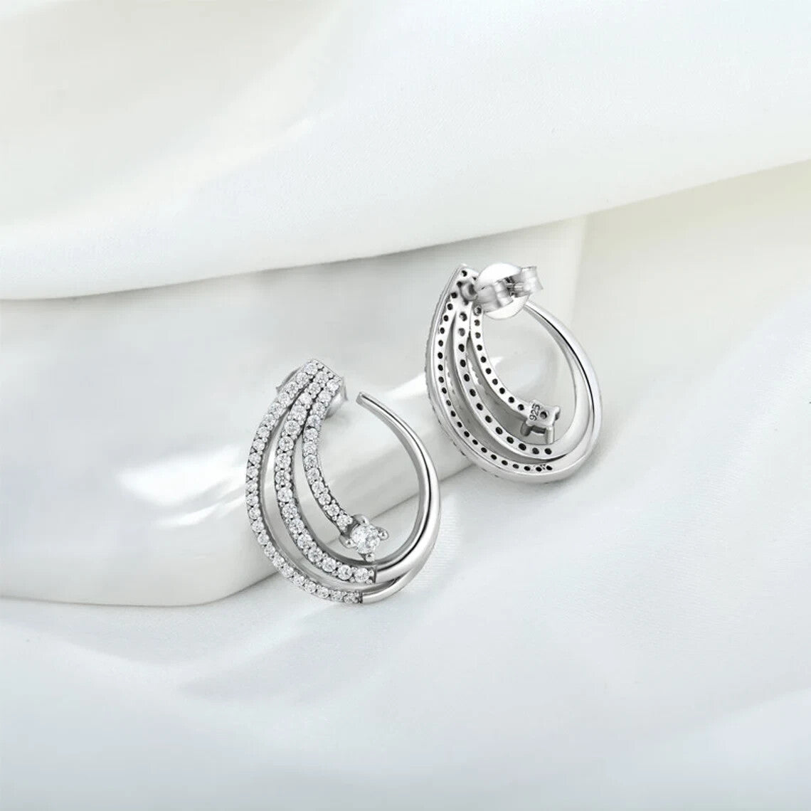 925 Sterling Silver CZ Hoop Stud Earrings Sparkly Cubic Zirconia Elegant 3