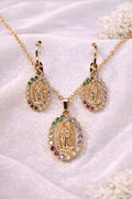 18K Gold Plated Virgin Mary Necklace & Earrings Set Multi Color CZ Religious 0