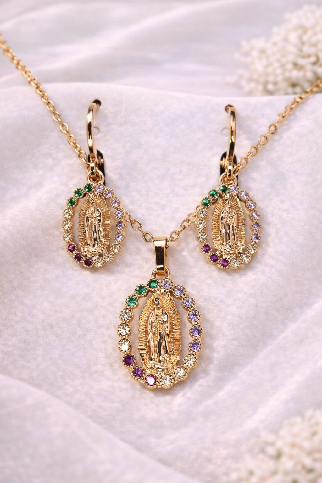 18K Gold Plated Virgin Mary Necklace & Earrings Set Multi Color CZ Religious 0