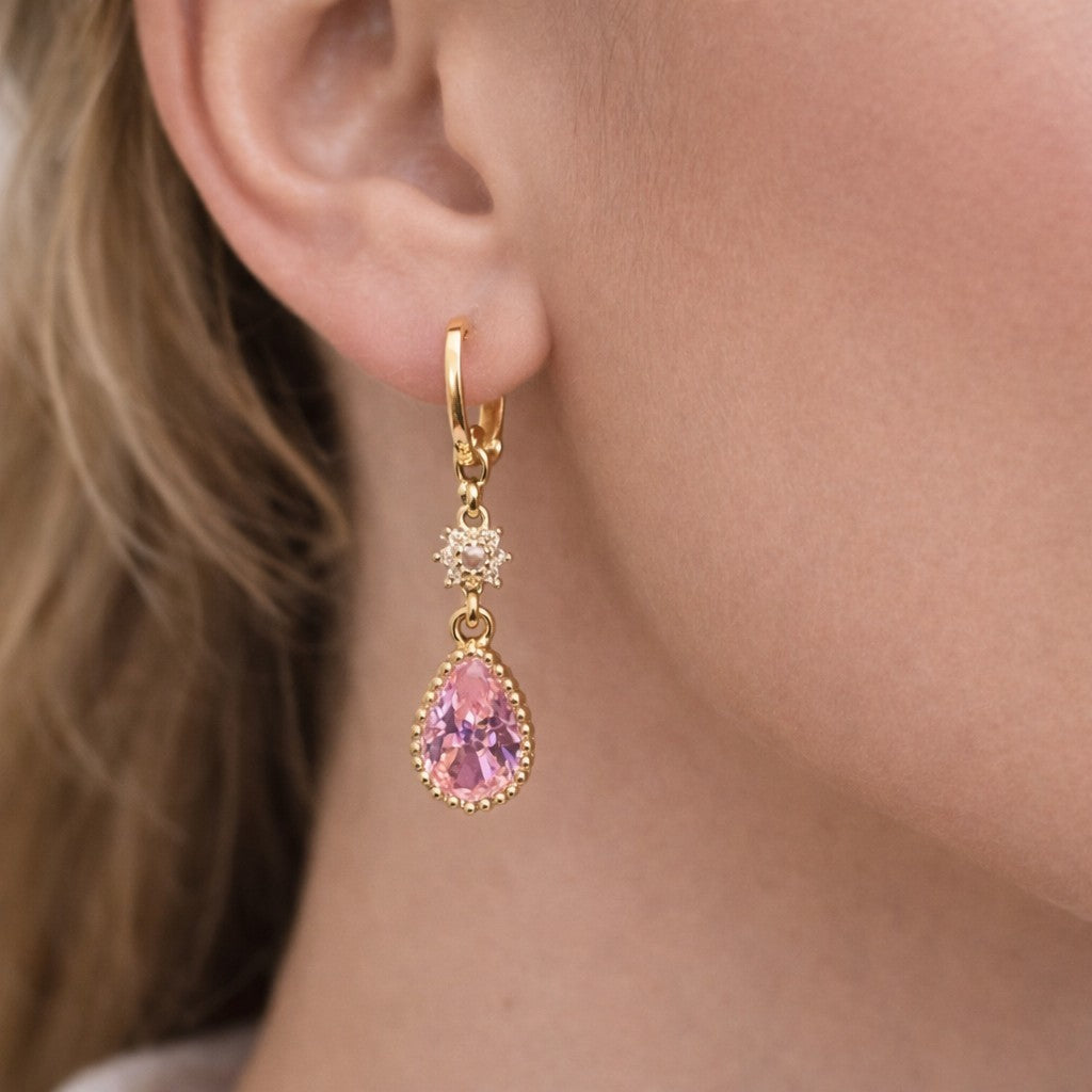 18K Gold Plated Huggie Drop Earrings with Pink Cubic Zirconia for Women0