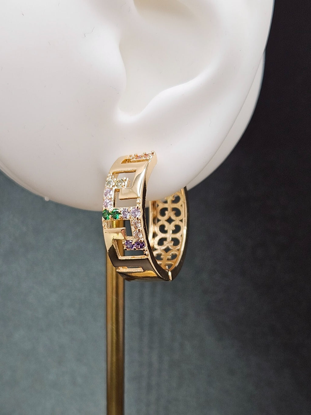 18K Gold Greek Key Hoop Earrings Multi Color Cubic Zirconia1