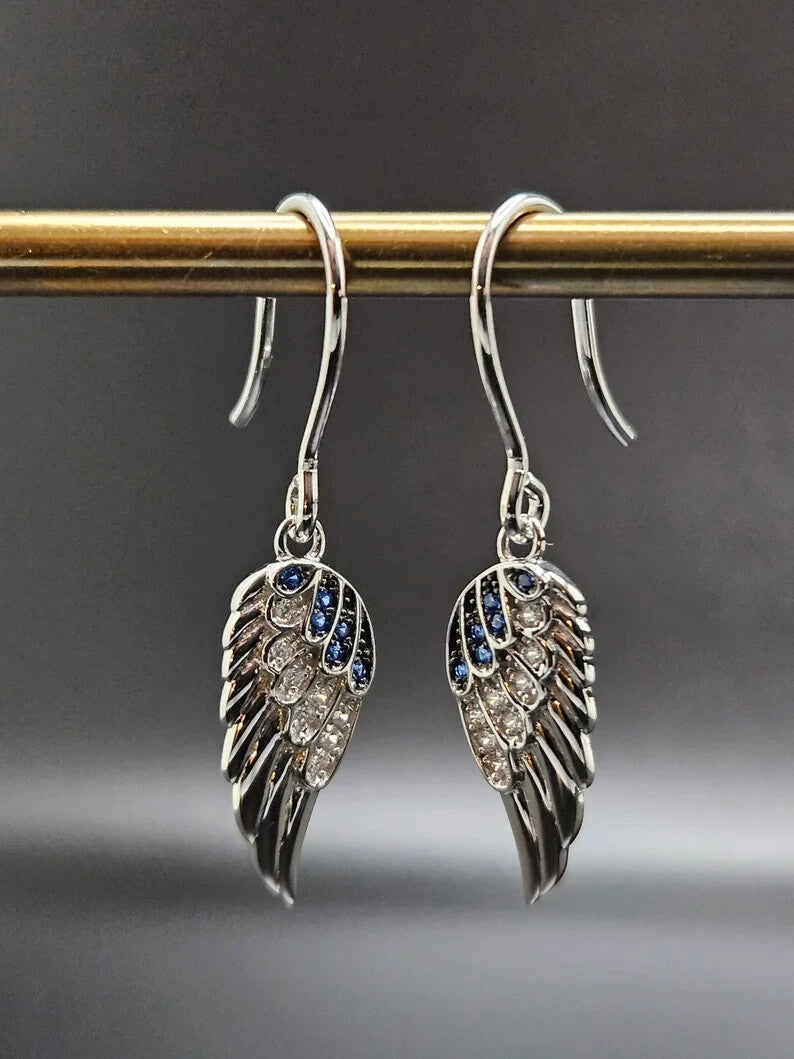 925 Sterling Silver Blue Gem Angel Wings Drop Earrings3
