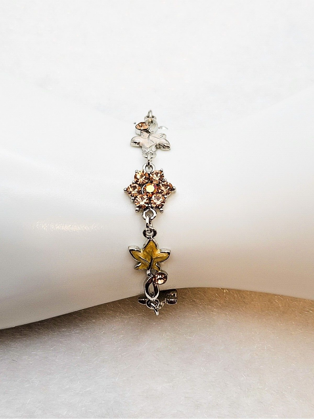 Enamel Rhinestone Flower and Leaf Design, Silver Link Chain Bracelet3
